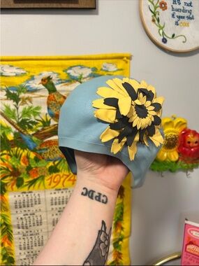 Vintage Light Blue Diving Bell Jantzen Swim Cap with Yellow & Black Flower